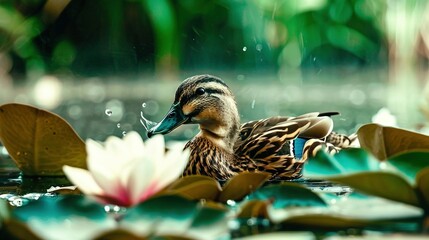 Poster -   A duck glides atop a pond, enveloped by lily pads and water lilies against a verdant backdrop