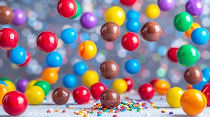 Colorful candies in mid air against white background, creating a vibrant and playful display