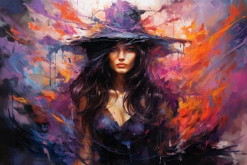 Canvas Print - A mysterious and enigmatic sorceress, wielding ancient spells and communing with unseen forces. - Generative AI