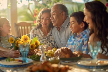 diverse hispanic family having dinner together at terrace in garden in summer