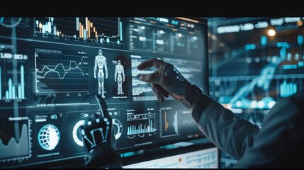 Poster - A man pointing at a computer screen showing data and graphs, in an office setting.