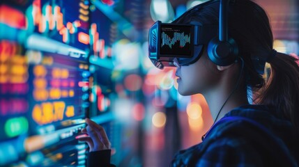 Poster - A woman wearing a headset is focused on a digital display in front of her.