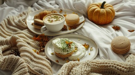 Sticker -   A white plate holds food atop a cup of coffee and another plate that holds more food