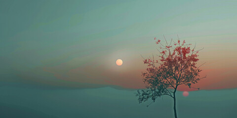 Minimalist Lofi art style, a tree with red leaves against the sky at sunset, distant moon, calming serene tones and greens, wide shot, negative space