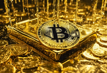 Wall Mural - Bitcoin and golden bars treasure. Crypto currency. Digital wealth