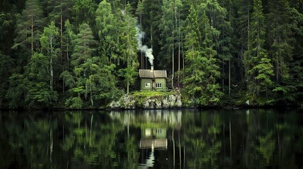 Poster -   A house perched atop an island surrounded by a dense forest and adjacent to a tranquil body of water