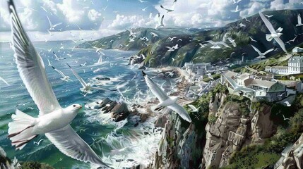 Poster -  Seagulls Flying Over Ocean with Lighthouses