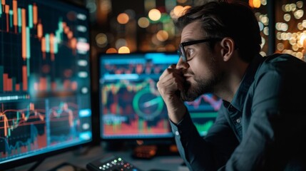 Canvas Print - A man is seated in front of a computer monitor, focused on the screen.