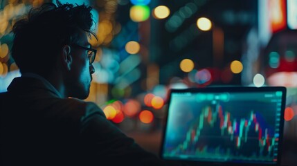Poster - A man sitting in front of a laptop computer, working or studying intently.