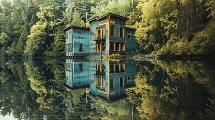 Canvas Print -   Blue house in forest with water, trees in background