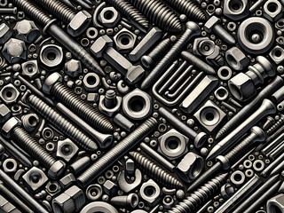 Horizontal pattern of nuts, bolts and screws on a gray background