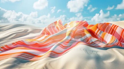 Wall Mural - Colorful striped fabric on sunlit sand dunes under blue sky