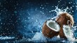 © Татьяна Макарова - Three fresh coconuts splashing in water against dark blue background