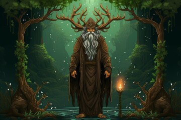 Wall Mural - a wise and ancient druid, attuned to nature and capable of transforming into beasts. - generative ai