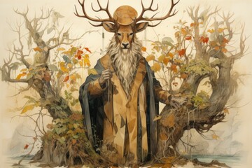Wall Mural - A wise and ancient druid, attuned to nature and capable of transforming into beasts. - Generative AI