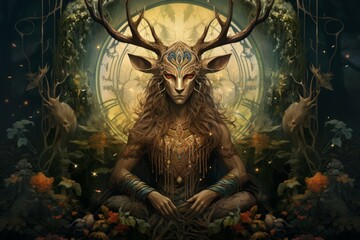 Wall Mural - A wise and ancient druid, attuned to nature and capable of transforming into beasts. - Generative AI
