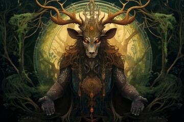 Wall Mural - A wise and ancient druid, attuned to nature and capable of transforming into beasts. - Generative AI