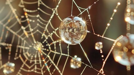 Wall Mural - close-up of spider web with dewdrops, blurry background