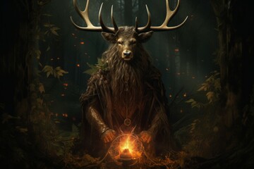 Wall Mural - A wise and ancient druid, attuned to nature and capable of transforming into beasts. - Generative AI