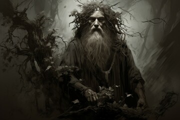 Wall Mural - A wise and ancient druid, attuned to nature and capable of transforming into beasts. - Generative AI