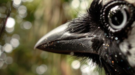 Sticker -   A bird with drops of water on its face is perched against a tree background