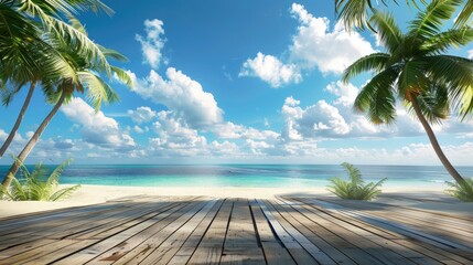 Wall Mural - Tropical beach scenery with wooden deck and palm trees under sunny skies