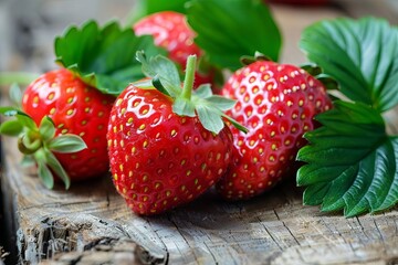 closeup of fresh ripe red strawberries with green leaves delicious summer fruit