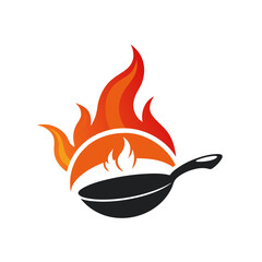 Poster - a high resolution minimalist logo for Restaurant, vector art illustration with a pan with flying food elements and flames icon