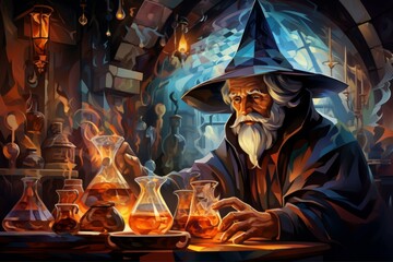 Poster - A master of alchemy and potion-making, concocting potent brews with mystical effects. - Generative AI