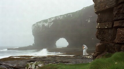 Wall Mural -   Bride and groom standing before rock formation, foggy day at ocean's edge