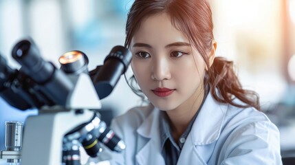 Wall Mural - Scientist in lab coat using microscope for detailed research in advanced laboratory setting