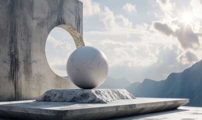 Wall Mural - Abstract white marble stairs and sphere in the sky.