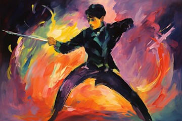Wall Mural - A cunning and nimble swashbuckler, engaging in daring swordplay and acrobatic maneuvers. - Generative AI