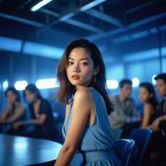 portrait of beautiful asian woman in night club, blue tones background
