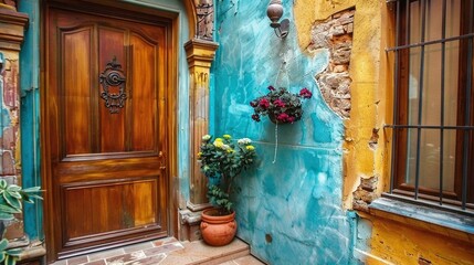 Wall Mural -   A blue building featuring a wooden door and a potted plant adjacent to it, with vibrant flowers adorning its front