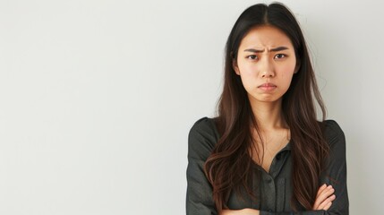 Wall Mural - Image of sad office girl, asian woman sulking and frowning disappointed, standing upset and distressed against white background 