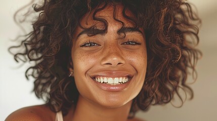 Wall Mural - Indoor portrait of beautiful brunette young dark-skinned woman with shaggy hairstyle smiling cheerfully, showing her white teeth to camera while feeling happy and carefree on her first day-off 