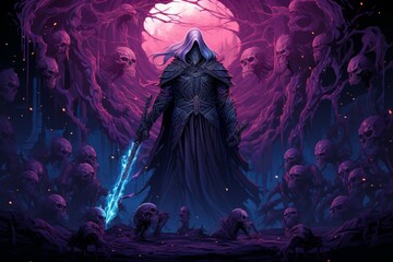 Canvas Print - A powerful and fearsome necromancer, commanding legions of undead minions. - Generative AI