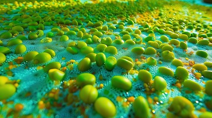 Wall Mural -   A green olive cluster sits atop a blue and yellow tablecloth, resting on a tabletop