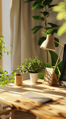 Poster - A wooden table displaying a computer monitor beside a potted plant