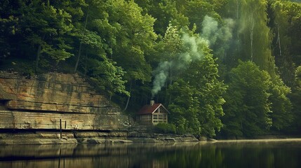 Wall Mural -   A modest home atop a cliff, overlooking water and surrounded by trees