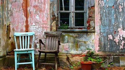 Wall Mural -  Two chairs sit next to each other in front of a building with peeling paint on its walls and a window