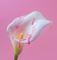 Wall Mural - calla lily flower with dripping pink paint on it, pink background, stock photo, simple composition, feminine, sunny light background