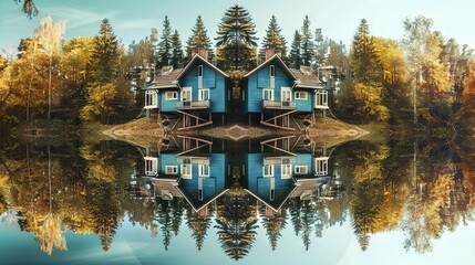 Sticker -   A serene blue house nestled amidst the lush forest, reflecting on the placid lake nearby
