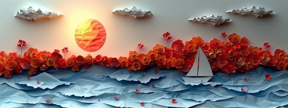 Paper tableau of a lone boat sailing towards the horizon on a blank sea, representing the pursuit of dreams. paper style.