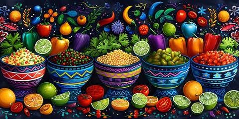 Wall Mural - Colorful bowls of assorted vegetables and spices with vibrant fruits and herbs on a decorative background