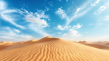 The image shows a vast expanse of sand dunes under a blue sky with clouds.