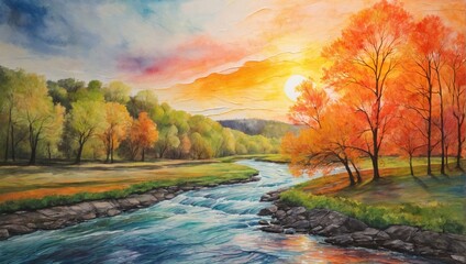 Canvas Print - autumn landscape with river and forest