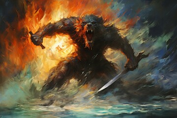 Wall Mural - A fearless and mighty berserker, unleashing devastating attacks with unbridled fury. - Generative AI