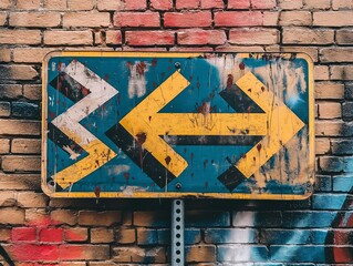 A sign with two arrows pointing in opposite directions is on a brick wall. The sign is covered in graffiti and he is old and worn. The graffiti adds a sense of urban decay and rebellion to the scene